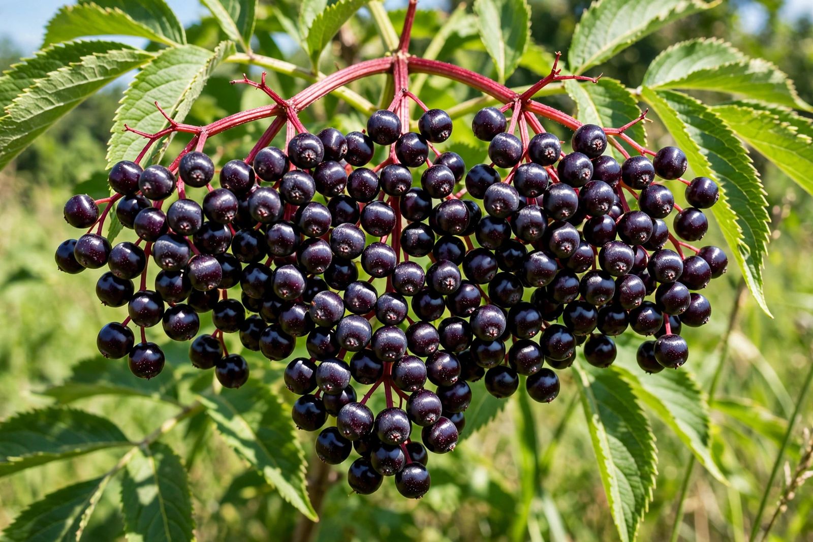 Dark elderberries hanging on the branch