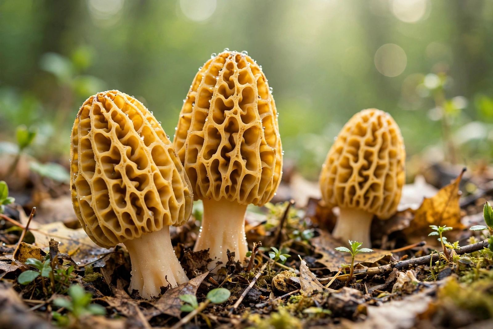 Morel mushrooms on the forest floor