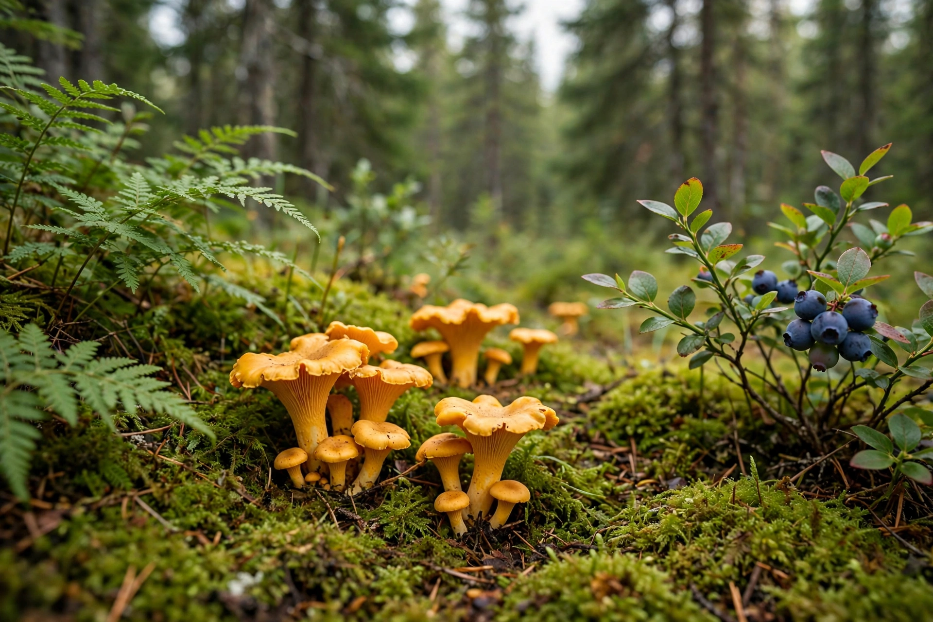 Golden chanterelle mushrooms growing in green moss