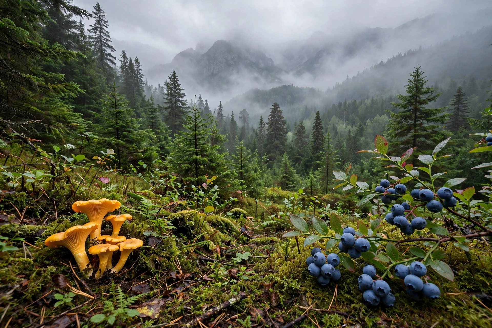 Chanterelle mushrooms and blueberries on a mossy forest floor below misty Canadian mountains